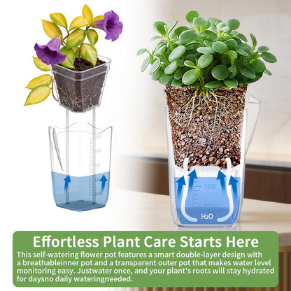 8 Pack Self Watering Pots with Transparent Double-Layer Design, 2.5" Small Plastic Planter for Indoor Plants, Semi-Hydro, Propagation, Flowers, Herbs - Includes 12 Plant Labels & Flower Stickers