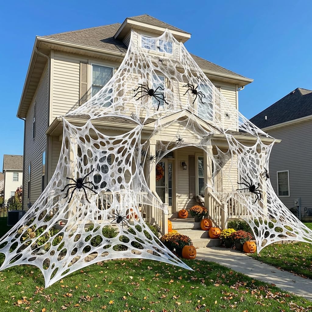 wymulot 1200 Sqft （After Streched with Holes） Uncut Giant Spider Web Halloween Decorations Outdoor with 10 Ground Nails Stretchy Beef Cloth Netting Cut-Your-Own Flexible Elastic for Yard Party Decor