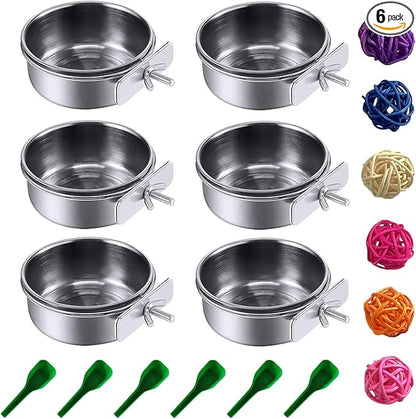 PINVNBY 6 Pieces Stainless Steel Bird Feeding Dish Cups,Parrot Feeder Parakeet Food Water Bowls with Clamp Holder & 6 Pcs Bird Spoon & 6 Pcs Birds Ball Toys for Budgies Macaw Small Animal(S)