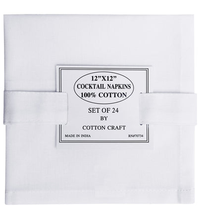 COTTON CRAFT Cocktail Napkins - 24 Pack - Happy Hour Drink Beverage Bar Party Holiday Dessert Celebration Event Gift Luncheon Brunch Dinner - Premium Cotton Cloth Reusable Washable - 12x12 - White