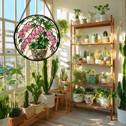 Stained Glass Window Hanging Sun Catcher Stained Glass Kit Style Pink Bleeding Heart Potted Floral Round Panel for Indoor Window Wall Garden Decor Gift
