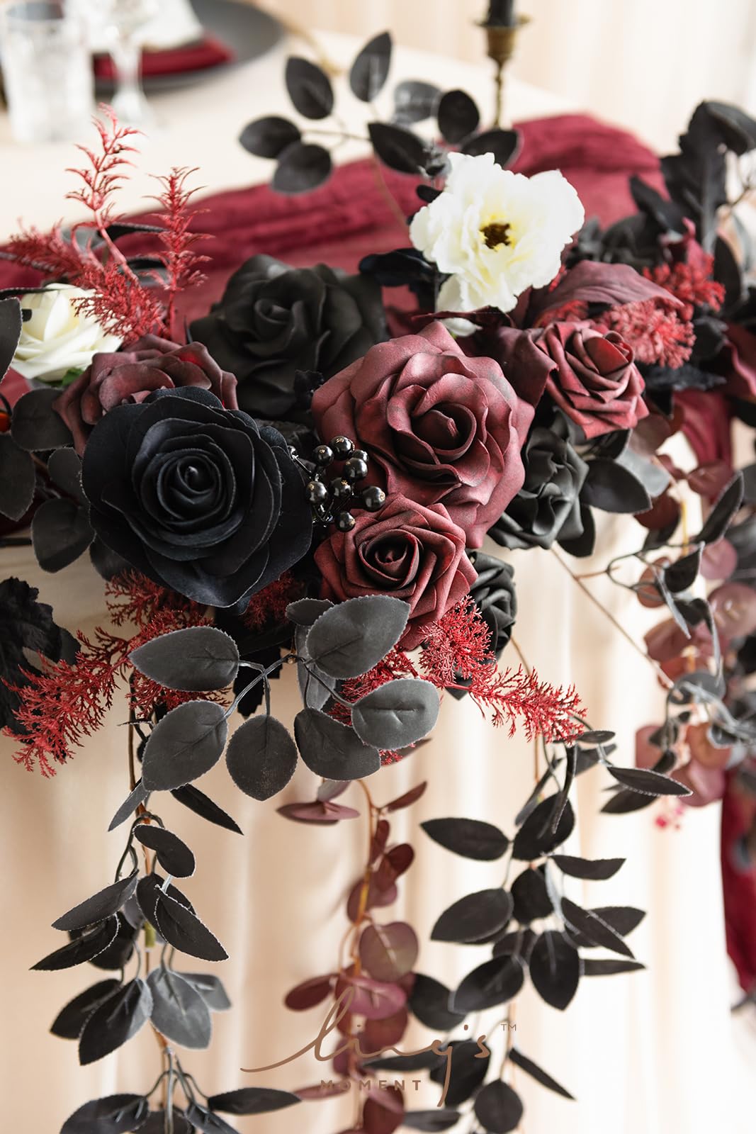 Ling's moment 9FT Eucalyptus & Willow Leaf Garland with White Flower, Handcrafted Wedding Sweetheart Table Centerpieces Head Table Decor Arch Backdrop Decorations for Wedding | Black & Burgundy