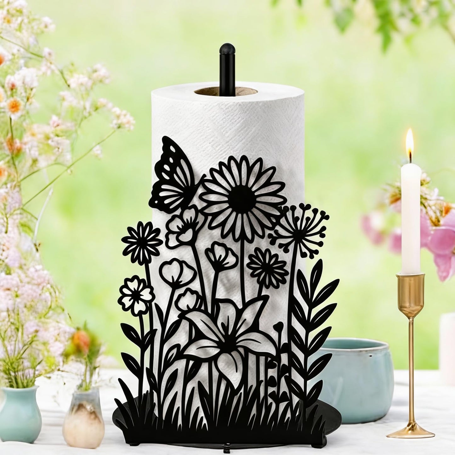 Yiyiring Wildflower Kitchen Countertop Paper Towel Holder Decorative Paper Towel Holder Black Metal Tissue Stand Kitchen Decor Accessories for Home Party Bathroom Countertop Dining Table