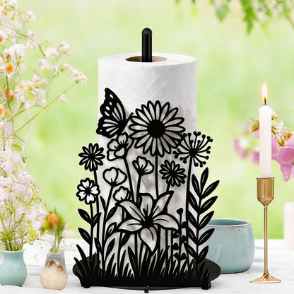 Yiyiring Wildflower Kitchen Countertop Paper Towel Holder Decorative Paper Towel Holder Black Metal Tissue Stand Kitchen Decor Accessories for Home Party Bathroom Countertop Dining Table