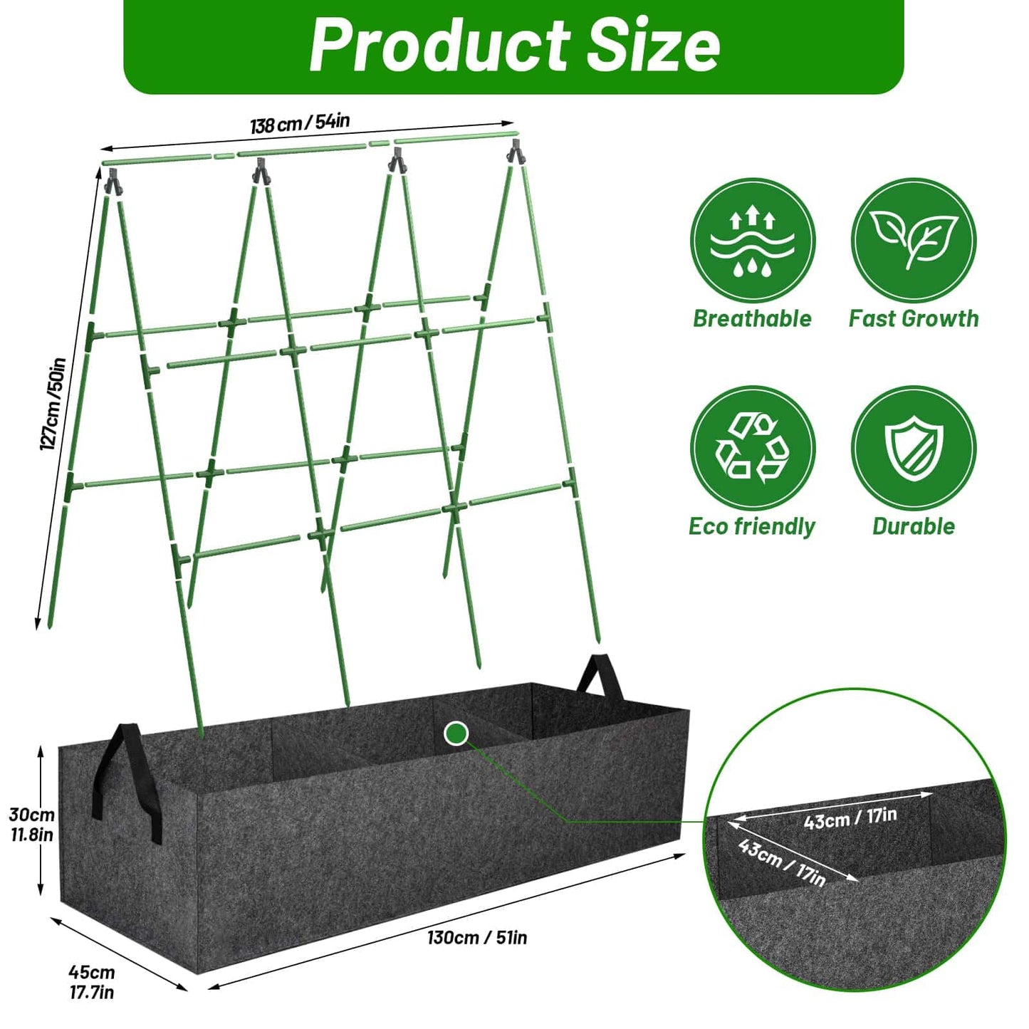 Cucumber Trellis with 46 Gallon Grows Bag, 50 x 54 Inches A Frame Outdoor Greenhouse Trellis and Fabric Raised Bed, Climbing Net and Plant Support Clips for Bean Climbing Plants