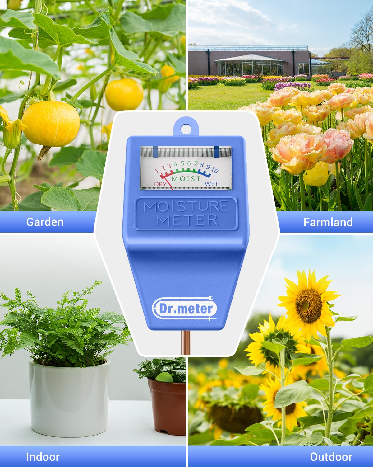 Dr.meter Soil Moisture Meter Tester for Plants, Long Probe Hygrometer Moisture Sensor for Houseplants Indoor Outdoor Garden Lawn Use - Plant Water Gauge Meter, No Battery Needed, Gardening Gifts, Blue