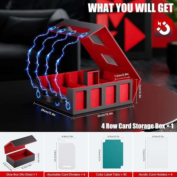 Trading Card Storage Box – 3500+ Magnetic MTG Deck Box with Handle,Commander & Toploader Display, Dice Box,4 Dividers & 30 Color Labels – Fits for TCG,MTG,Yu-Gi-Oh and Sport cards(Black/Red)
