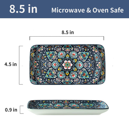 glowworm Porcelain Appetizer Plates Set of 6, 8.5 Inch Salad Plates for Sushi, Dessert, Rectangular Serving Platters, Serving Tray for Party, Kitchen, Microwave & Oven Safe, Bohemian