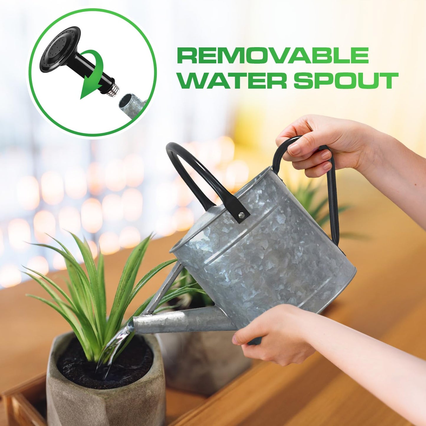 Plexon Metal Watering Can Outdoor 1 Gallon, Flower Plant Gardening Garden Large Galvanized Watering Can Pot Pitcher, Steel Black Handles and Removable Spray Spout