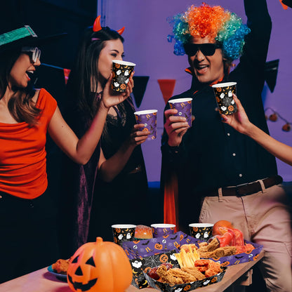 Acellegic 100 Pcs Halloween Paper Disposable Tableware Paper Food Trays Serving Boats Snack Food Container 9 oz Pumpkin Ghost Bats Disposable Cups Black Purple Halloween Party Supplies Kit