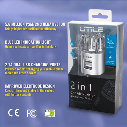 UTILE Car Ionizer Purifier with Dual USB Charger – Ionic Air Freshener for Odor Removal | 2.1A/0.8W USB Charging for Phone, Tablet and Other Devices (Silver, Pack of 1)