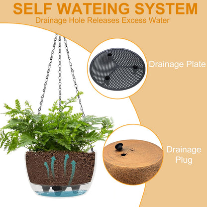 2 Packs Hanging Planters Basket for Outdoor Plants, Solar Powered Self Watering Bronze Round Plastic Flower Pots with Drainer for Balcony Patio Garden Outdoor Decoration