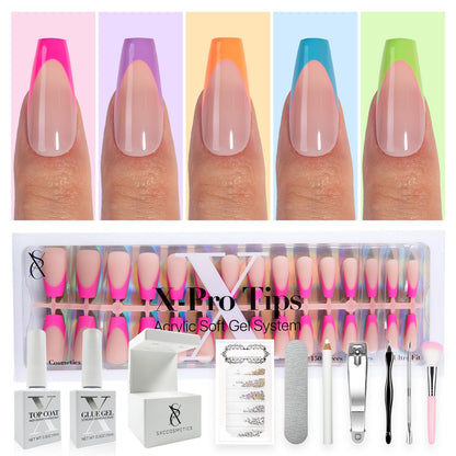 SXC Cosmetics French Tip Press On Nails - Skin Tone Nude and Color Series, Short Coffin X-Pro Tips Starter Kit ST119KIT