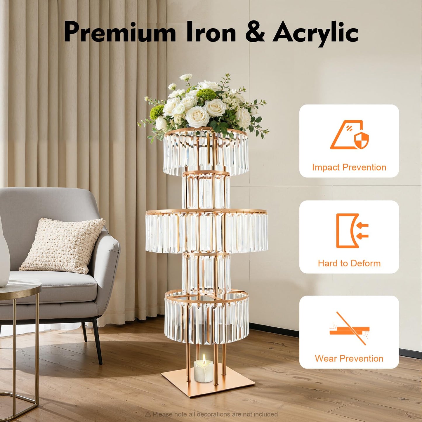 2 PCS 5 Tier Crystal Flower Stands, 43.3in Tall Wedding Centerpieces, Crystal Flower Stand with Hanging Crystals for a Wedding, Birthday Party, Celebration, Home Decoration, Living Room (Gold, Square)