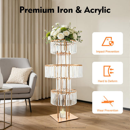 2 PCS 5 Tier Crystal Flower Stands, 43.3in Tall Wedding Centerpieces, Crystal Flower Stand with Hanging Crystals for a Wedding, Birthday Party, Celebration, Home Decoration, Living Room (Gold, Square)