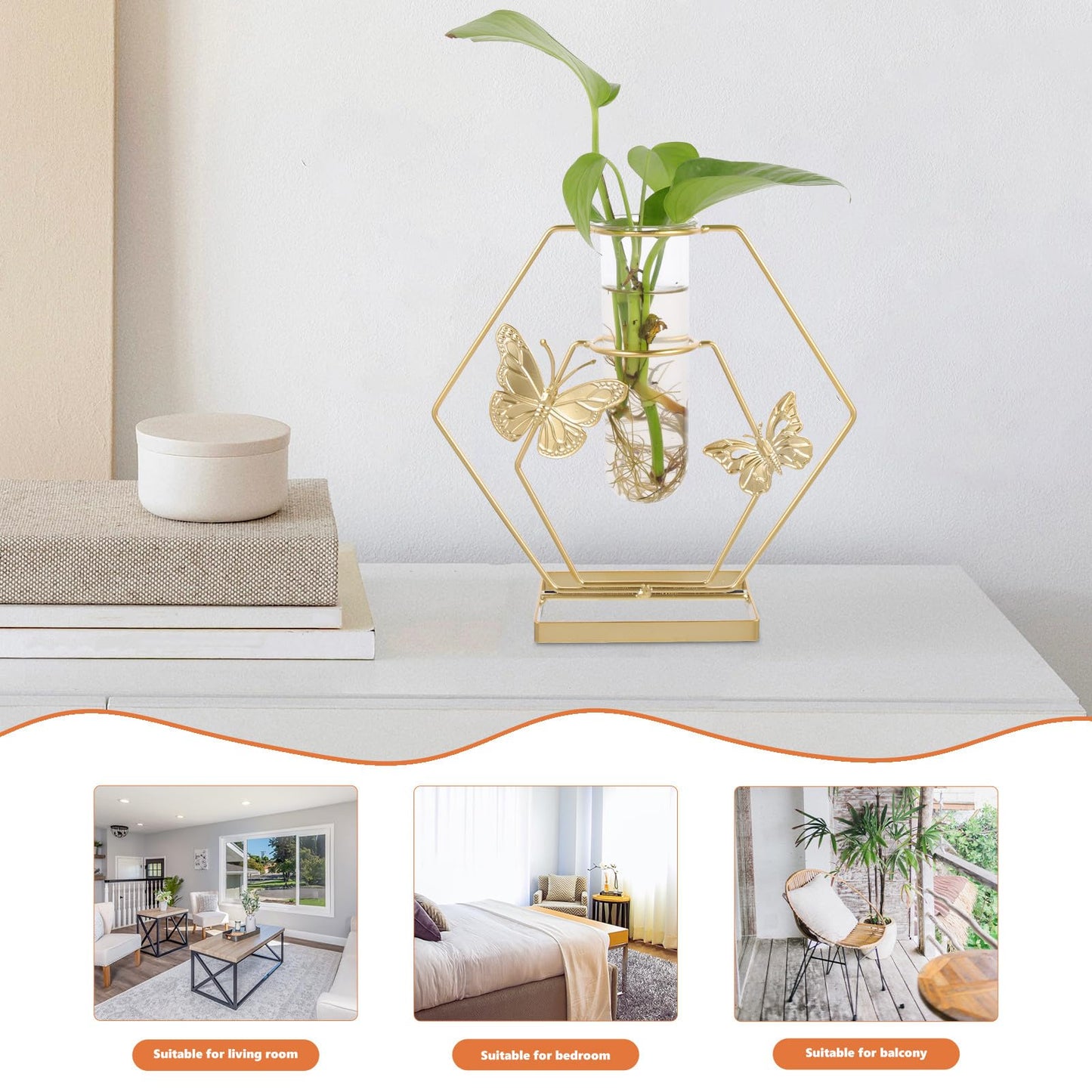 GOOHOCHY Glass Plant Terrarium Butterfly Pattern Hexagonal Vase with Metal Frame Desktop Decoration Home Flower Storage Vase for Living Room Tabletop Display