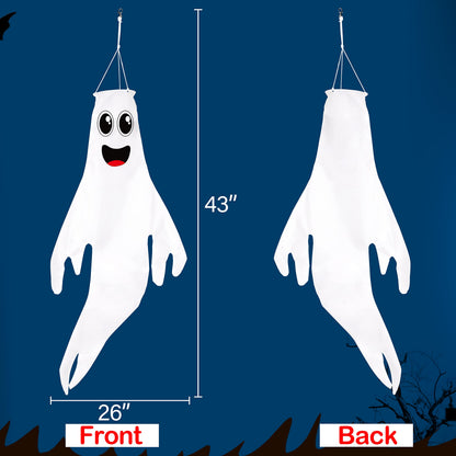 3PCS 43 Inch Halloween Lighted Hanging Ghost Windsocks Hanging Decorations for Tree, Fall LED Flag Wind Socks for Home Yard Outdoor Autumn Decor Party Supplies (Batteries Not Included,No Timer)