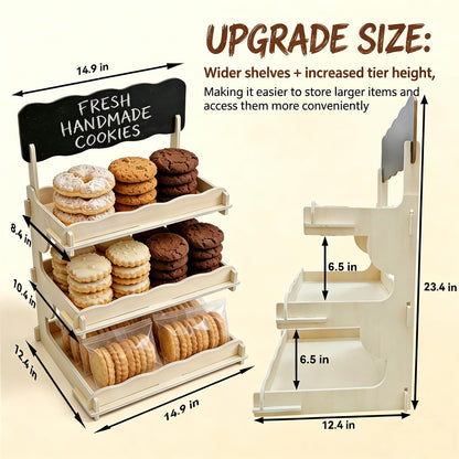 3-Tier Cookie Display Stand with Extra Tall 6.5” Between Tiers – Wooden Cookie Stand with Chalkboard Sign for Vendors, Bakers, Market & Craft Fairs – Holds More Cookies, Cupcakes, Muffins, Pastries