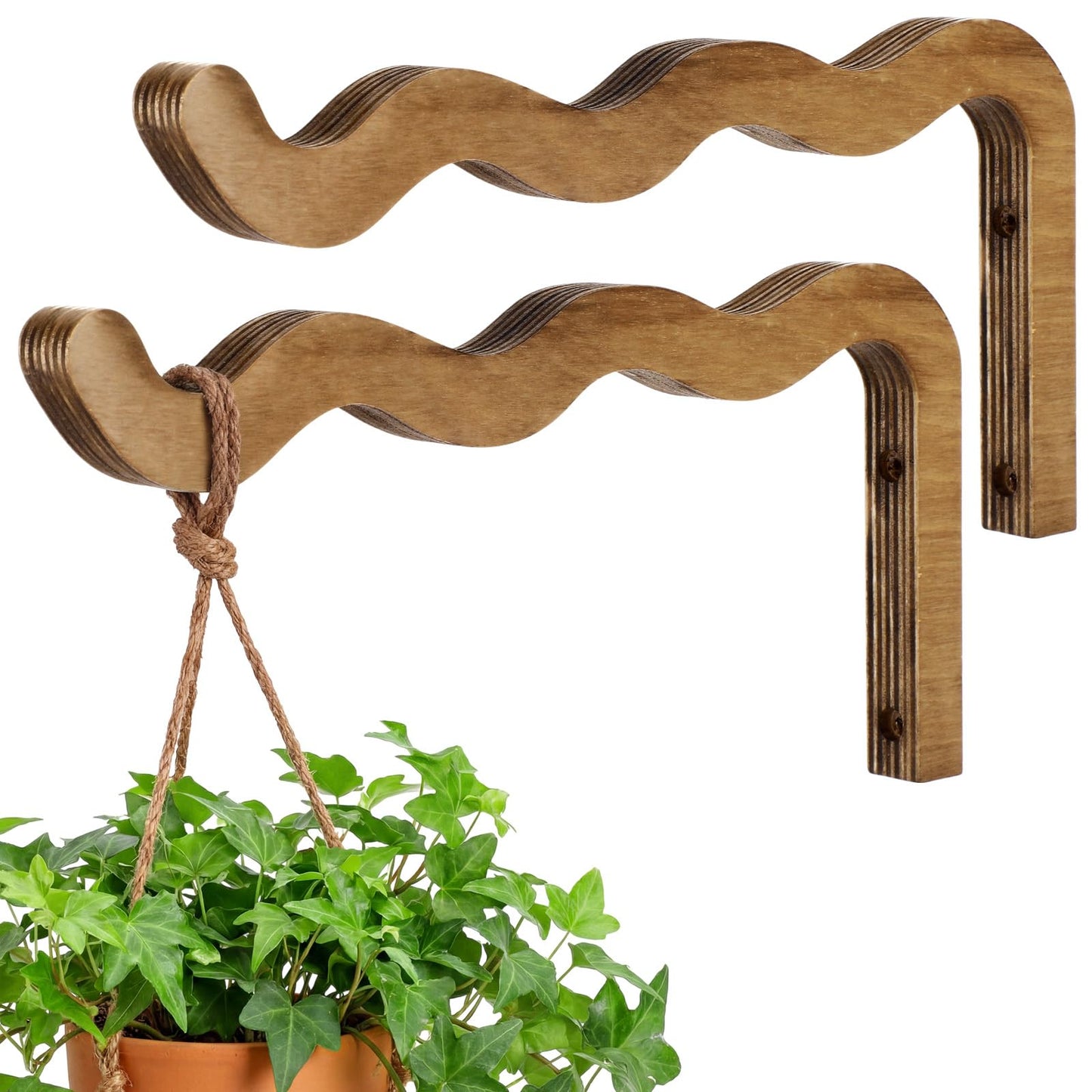 Fiwochic 2 Pack Wooden Wall Plant Hangers, 12 Inch Wavy Hanging Plant Hooks Walnut Color Hanging Brackets for Indoor Outdoor Flower Pots, Wind Chimes, Lanterns, Bird Feeders