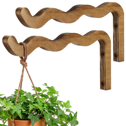 Fiwochic 2 Pack Wooden Wall Plant Hangers, 12 Inch Wavy Hanging Plant Hooks Walnut Color Hanging Brackets for Indoor Outdoor Flower Pots, Wind Chimes, Lanterns, Bird Feeders