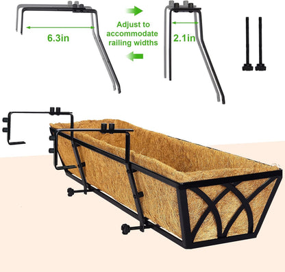 LAWYAMAI 30 Inch 4 Pack Railing Planter with Adjustable Brackets, Window Box with Coco Liner, Hanging Metal Flower Box for Balcony Deck Fence Porch, Black