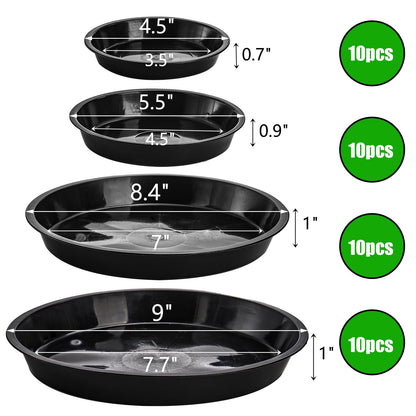 yarlung 40 Pack Plant Saucers, Black Plastic Drip Trays for Flower Pots, Round 4/5/8/9 Inch Plant Drainage Tray for Potted Plants, Indoor Outdoor Garden, 4 Sizes