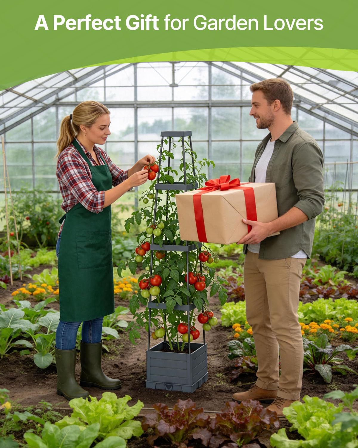 Suteck Raised Garden Bed Planter Box with Trellis, 2-Pack Self-Watering Tomato Planter with Adjustable Height Steel Support Frame for Climbing Plants, Tomato Cages for Patio, Balcony & Outdoor