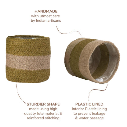 Eco Living Jute Planter Basket-Woven Jute Rope Covers for Decorating Indoor/Outdoor Succulents, Small Plant Pots-Set of 2-Multi-Purpose Storage Bins 4.5 Inches - Modern Style Décor - Olive & Natural