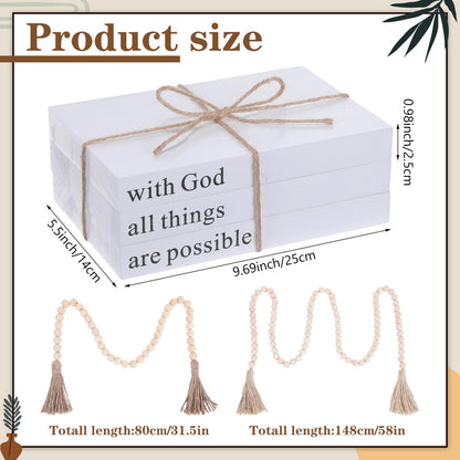 Reallnaive 8 Pcs Rustic Vase Centerpieces Set Included Boho Ceramic Vase Decorative Books Wood Bead Garland with Tassels for Farmhouse Table Island Living Room Decor(with God All Things are Possible)