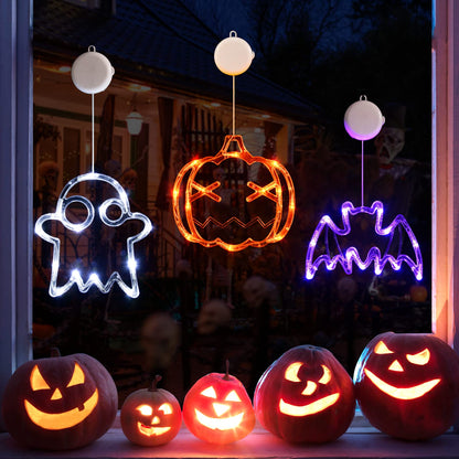 LOLStar Halloween LED Lights Decorations 2025 Orange Pumpkin White Ghost Purple Bat Window Display with Suction Cups, Battery Operated Window Decor Slow Fade Mode and Timer 3-Pack