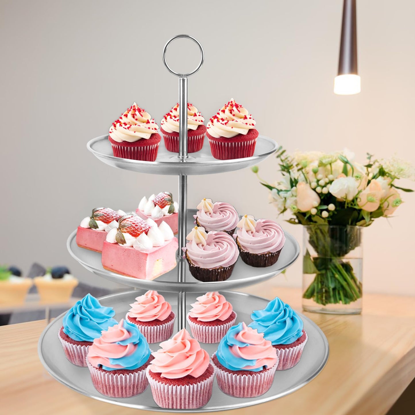 LIAISIMI 3 Tier Silver Cupcake Stand Stainless Steel Dessert Display Rack with Removable Tiered Tray for Parties,Weddings,Birthdays,Decorations,Any Festivals and Festivities(Stainless Steel Pole)