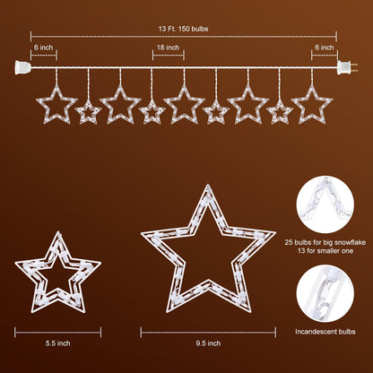 Minetom Christmas Star Window Lights - 13ft Icicle String Lights, 150 Mini Bulbs, 9 Drops, White, Model 39532