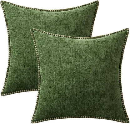 MIULEE Pack of 2 Couch Pillow Covers 18x18 Inch Moss Green Farmhouse Decorative Throw Pillow Covers with Stitched Edge Soft Chenille Solid Dyed Pillow Covers for Sofa Bed Living Room, Forest Green
