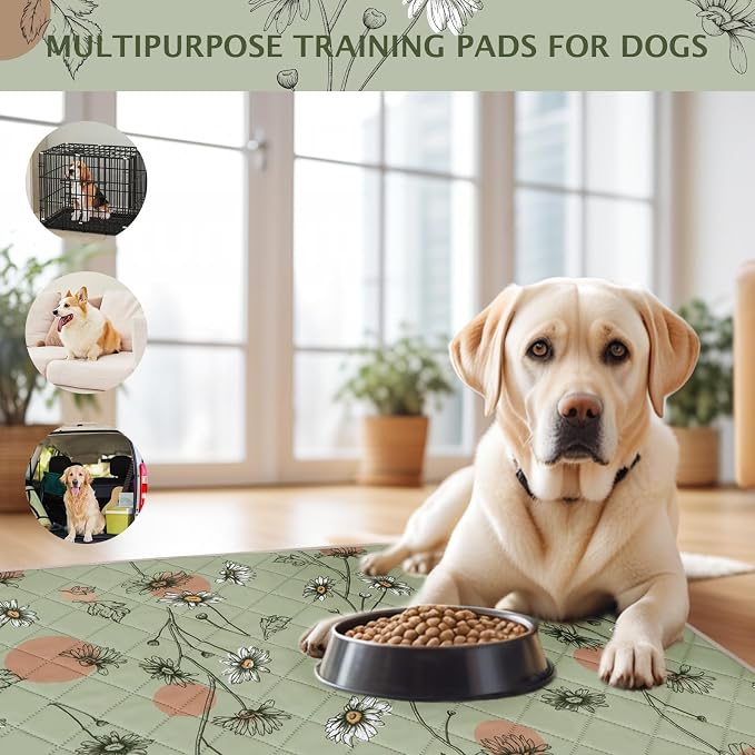 IEUUMLER Washable Pee Pads for Dogs, 1 Pack Non-Slip & Waterproof Pack Whelping Pad, Reusable Washable Puppy Potty Training Pad with Fast Absorbent for Playpen EU007 (Grass Green Daisy, 48"X48"-1pcs)