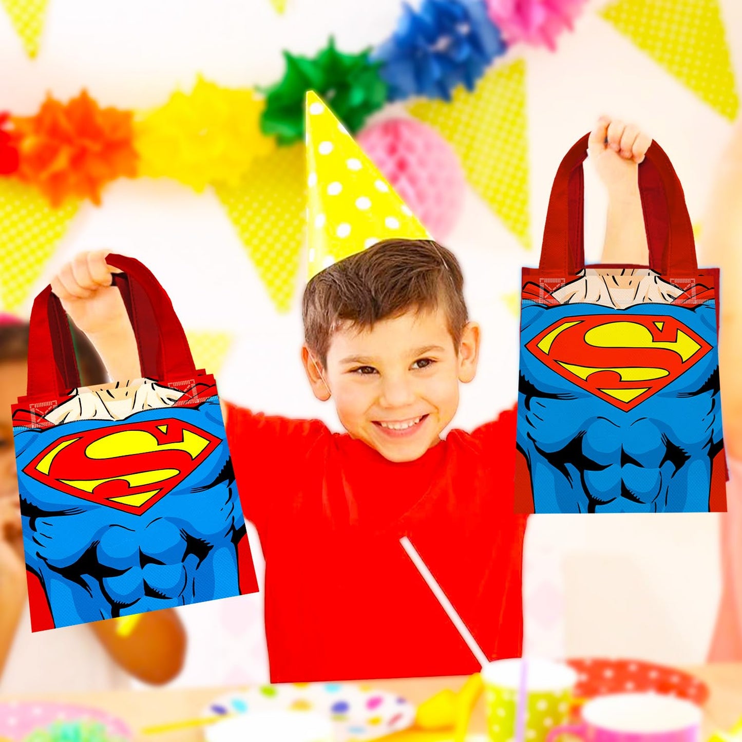 DC Comics Superman Party Favor Bags Set – 12 Pack 8" Superhero Goodie Bags for Kids Bulk Reusable Mini Totes | Superman Birthday Party Supplies