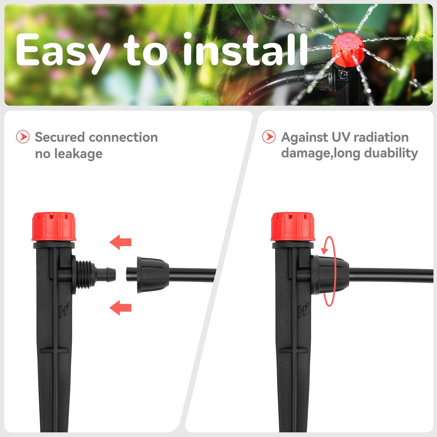 Drip Irrigation Emitters for 1/4" Drip Irrigation Tubing - Adjustable 360 Degree Water Flow Drippers on 5" Arrow Stake for Garden Watering System (25pcs Drip Emitters with Lock Barbed)