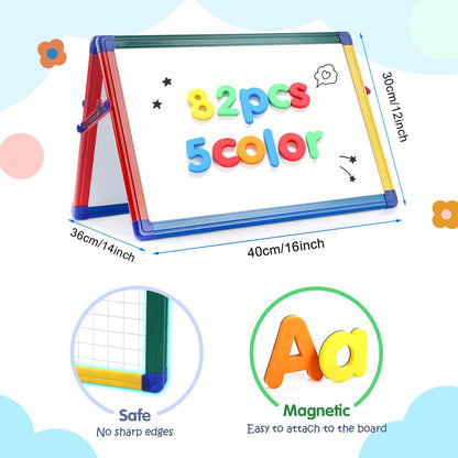 SWANCROWN Portable Dry Erase White Board for Kids, 16x12 inch Toddler Boy Girl Toys Magnetic Table top Whiteboard Small Double Sided Art Easel with 82Pcs Letter Magnets Magnetic Foldable Board