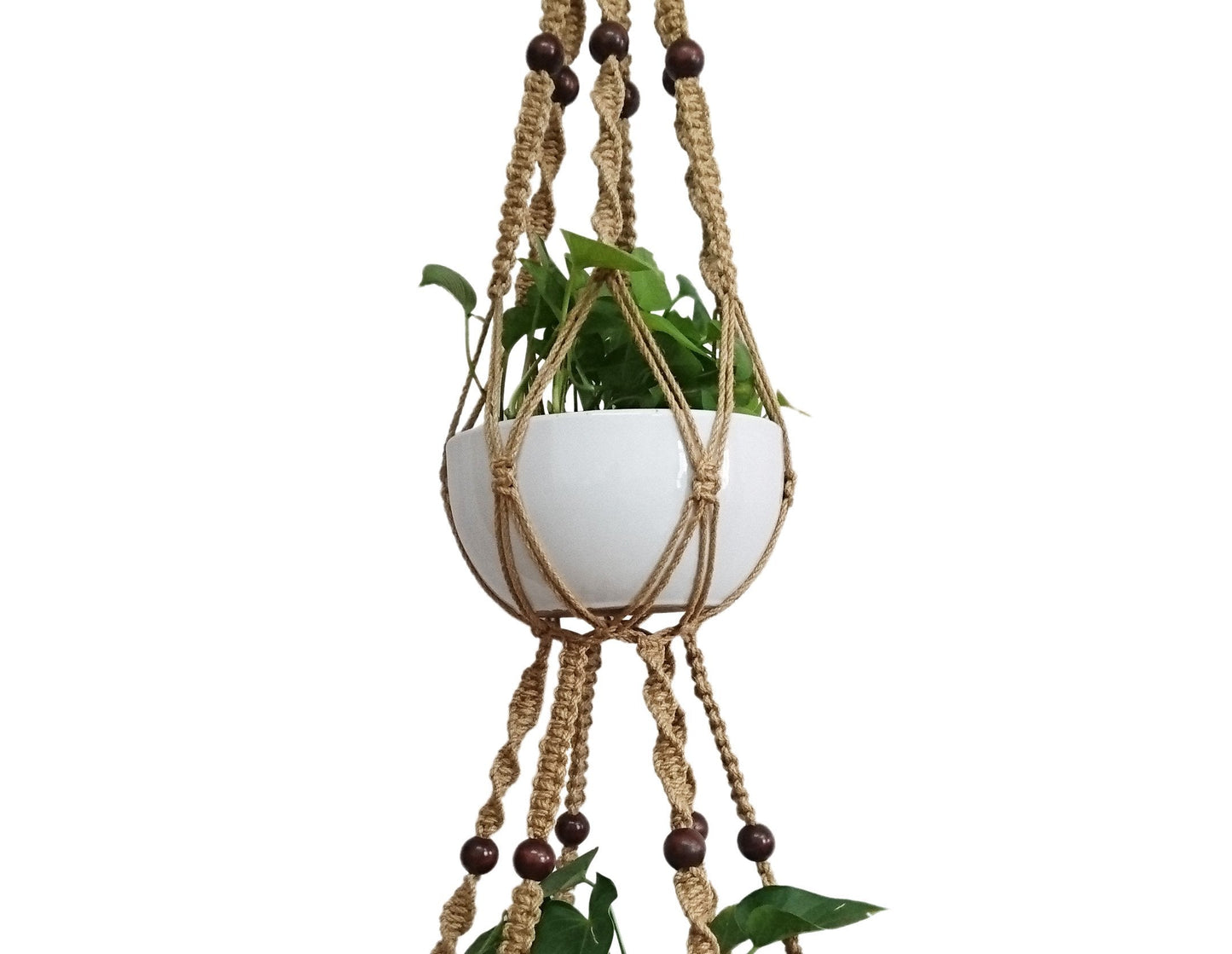 6 Legs Macrame Plant Hanger Natural Hemp Rope Plant Hangers with 12 pcs Round Wood Bead, 65-inches Length for 10" Pot (Without White Pot and Plant) (Brown)
