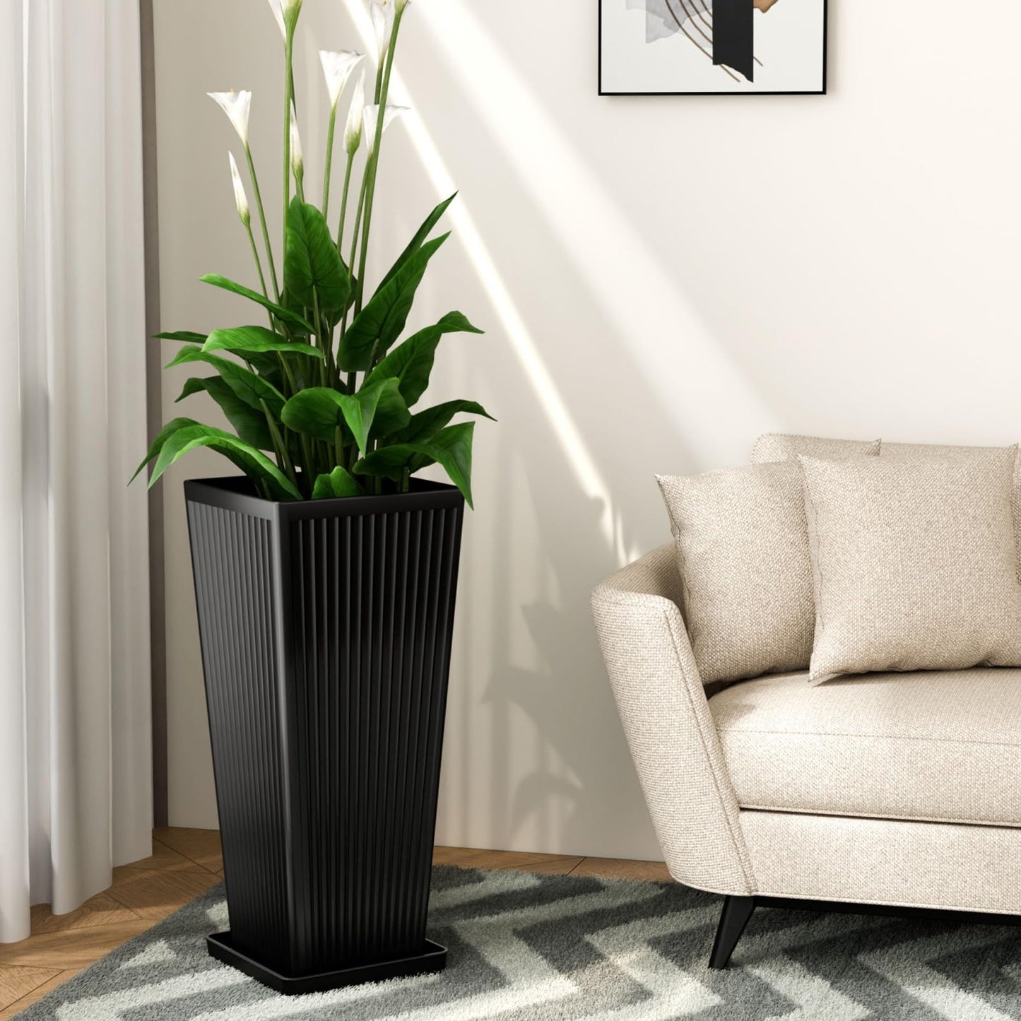 Diyfire Front Porch Planters Outdoor Set of 2, 24" Tall Plastic Planters for Outdoor Plants with Drainage, Extra Large Outdoor Planter Pots, Tapered Tall Planters for Front Door & Indoor Plants, Black