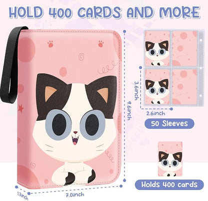Premium 4 Pocket Trading Card Binder,400 Capacity with 50 Removable Sleeves | PU Leather Zipper Album Book for Sports Cards, Game | Card Storage & Organization for Girls Collector Orange Pink