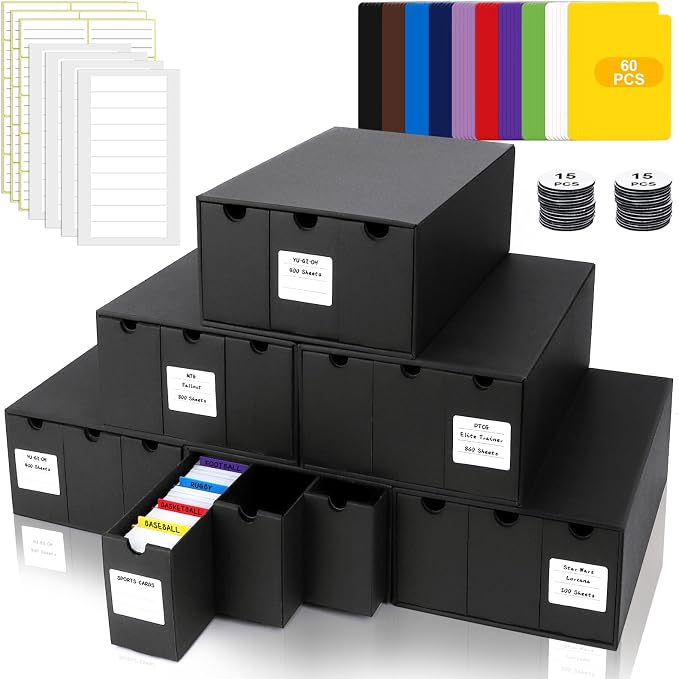 Trading Card Storage Box, Includes 18-600 CT Boxes & 60 Card Dividers, Trading Card Organizer for Collectible Card Games, for TCG, YGO, MTG, PTCG, Baseball Cards, with Labels & Tapes