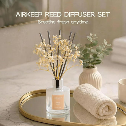 Airkeep Reed Diffuser Set,3.38 fl oz (100 ml) - Fresh Linen Oil Diffusers with 8 Reed Sticks, Home Fragrance Reed Diffuser for Bathroom Shelf Decor