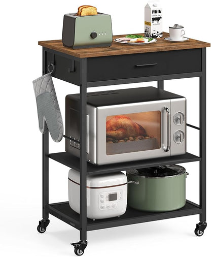 VASAGLE Kitchen Rolling Island, Mobile Kitchen Cart with Storage on Wheels, 17.7 x 23.6 x 35.4 Inches, Drawer, 2 Hooks, for Dining Room, Rustic Brown and Ink Black UKKI007KD01