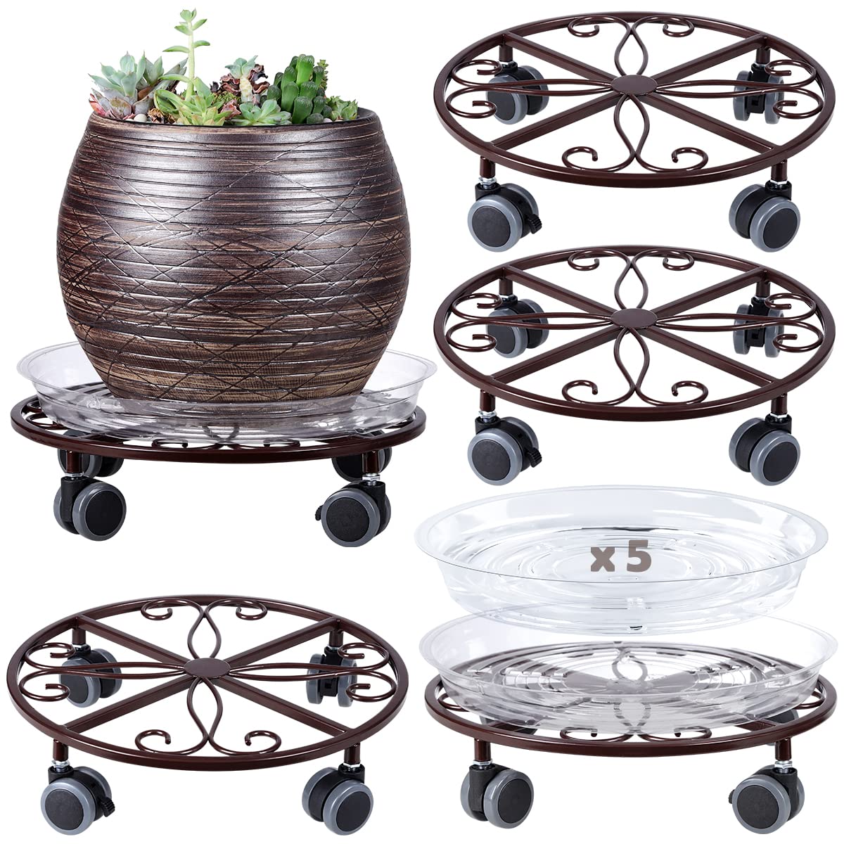 5 Pack Plant Caddy with Wheels Heavy Duty 13.5 Inches Metal Plant Stand with Wheels Plant Dolly Rolling Plant Stand Plant Roller with Casters for Indoor and Outdoor, Bronze