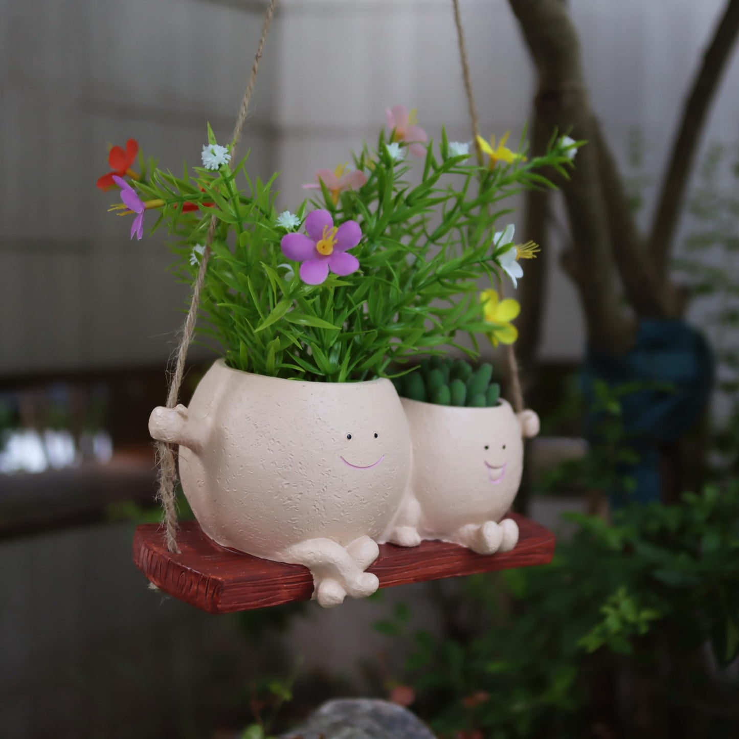 Dolkgy Hanging Planter Swinging Face Planters, Unique Head Flower Pots for Indoor Outdoor Plants, Cute Face Vase Funny Fence Wall Planter Succulent Pots