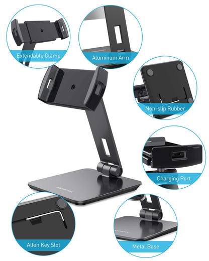 AboveTEK Business Kiosk Aluminum Tablet iPad Stand, 360° Swivel Tablet & Phone Holders for Any 4"-15.6" Display Tablets/Cell Phones/Portable Monitor, Sturdy for Store POS Office (Grey)