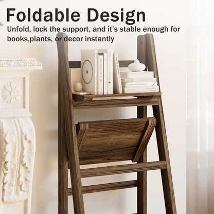 Mugovelo Ladder Shelves - Folding Wooden Ladder Bookshelf, 4-Tier Retro Plant Stand Storage Shelves for Home Living Room, Brown