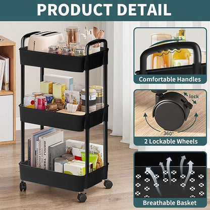 EZ COZY 3 Tier Rolling Cart, Plastic Diaper Cart Organizer with Wheels, Roller Cart for Diapers, Baby Nursery, Kitchen, Bathroom, Living Room and Bedside, Black