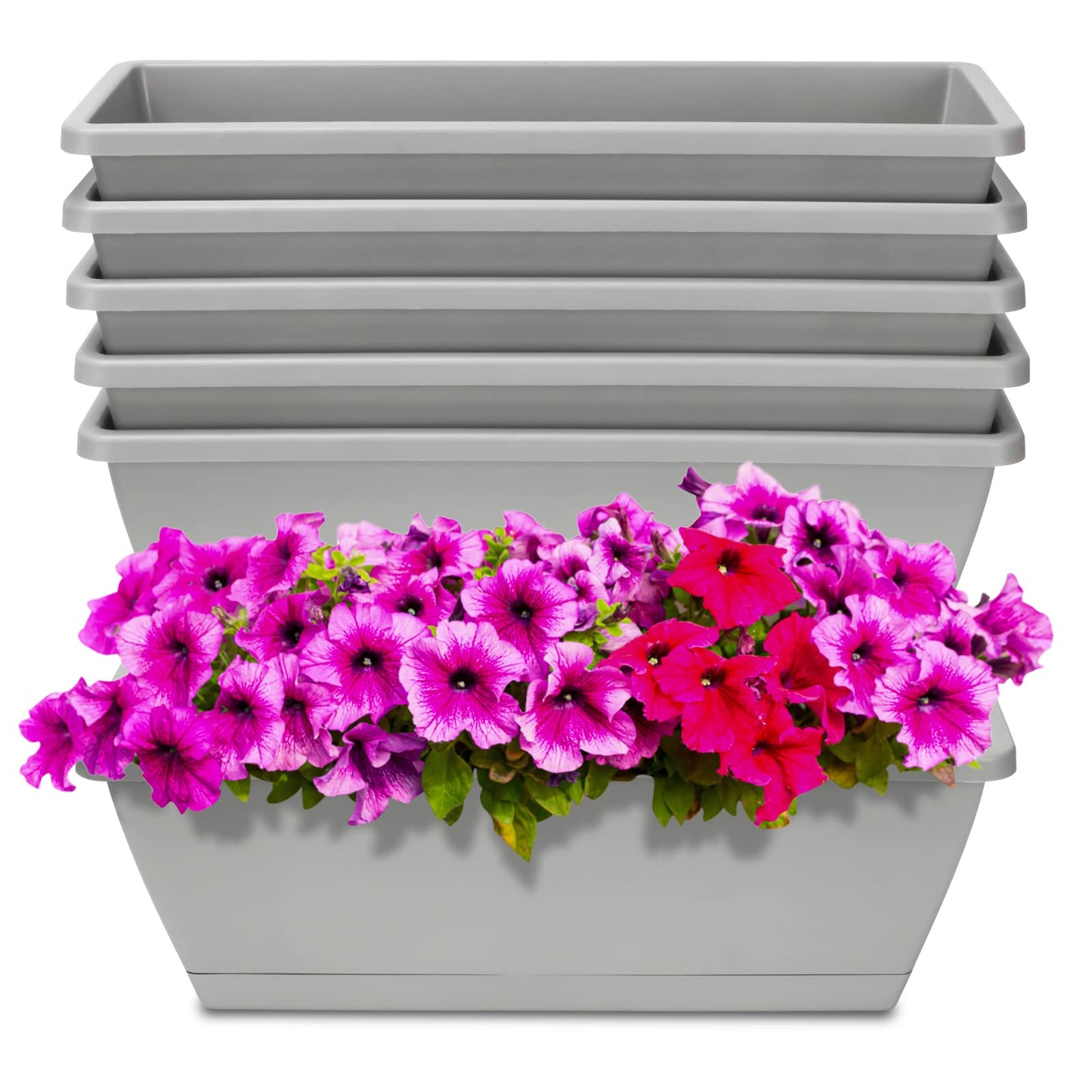 OSMOFUZE Window Box Planter, 6 Packs 17 Inches Rectangle Planters Box with Drainage Holes and Trays, Vegetable Planters for Windowsill Patio Garden Home Decor Porch Yard Light Gray