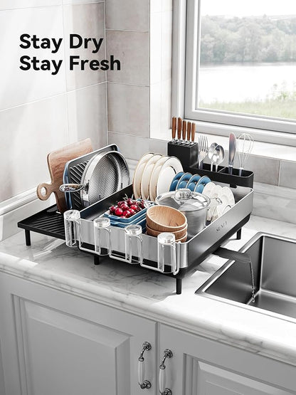 SUNLY Large Dish Drying Rack, Expandable Dish Racks for Kitchen Counter, Space Saving 304 Stainless Steel Drying Rack Kitchen, Extra Large Drainer with Multifunctional Flip Up Pegs, Black